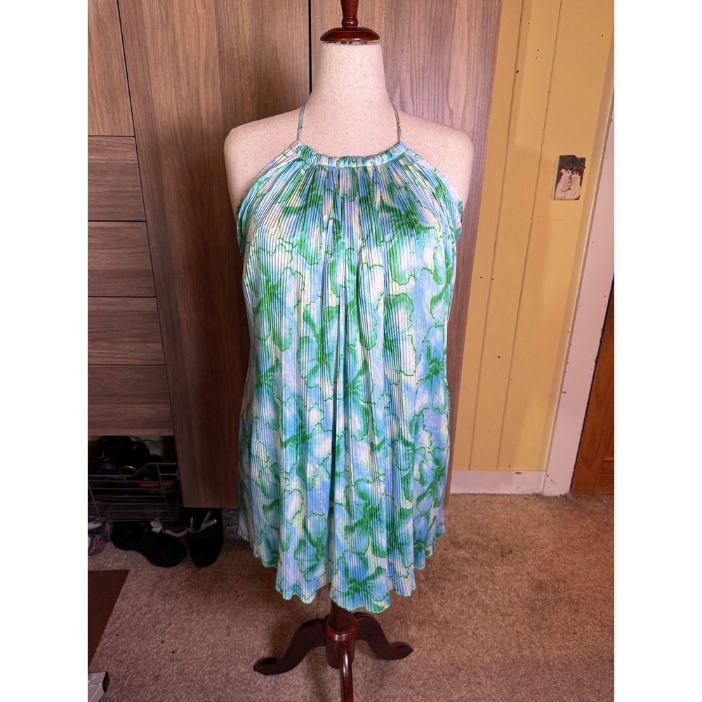 Boho Green Blue Abstract Floral Pleated Halter Mini Dress Womens Large - Picture 2 of 4
